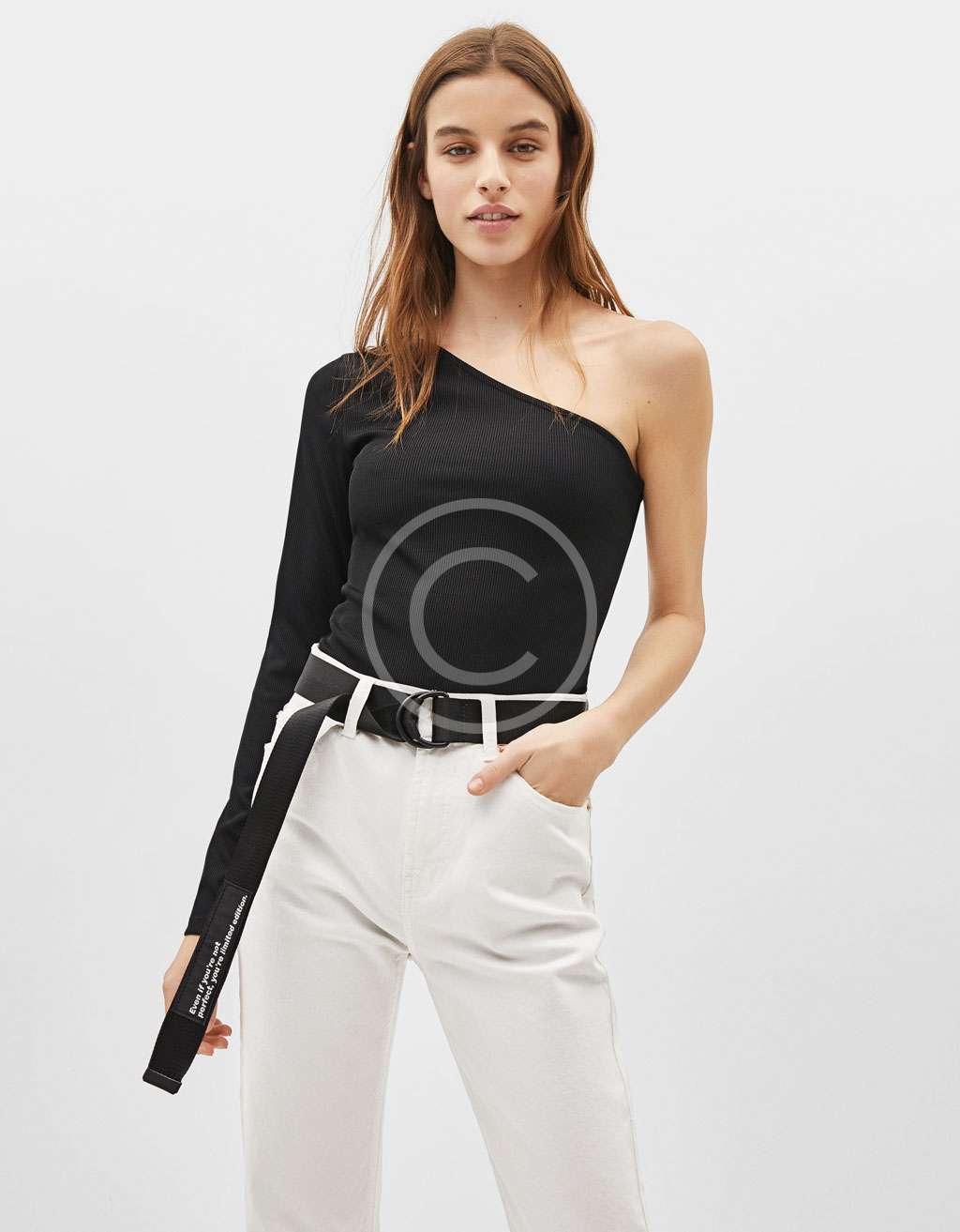 One shoulder long sleeve plain top - Imagen 3